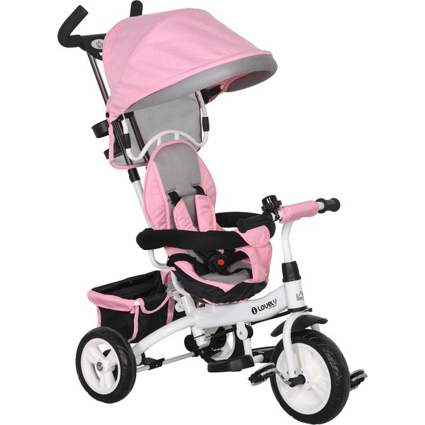 HOMCOM 6-in-1 Dreirad mit Schubstange, Kinderdreirad mit abnehmbarem Sonnendach, Laufrad mit 5-Punkt-Sicherheitsgurt, Korb, Getränkehalter, für 1-5 Jahre Kinder, Rosa Aosom