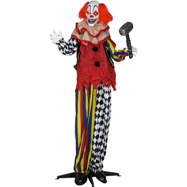Outsunny 173 cm Life Size Halloween Animated Standing Clown & Hammer with Red Light Up Eyes, Sound Activated Moving Arms & Head, Scary Clown Halloween Decorations, Battery Operated, Indoor Party Props | Aosom Ireland
