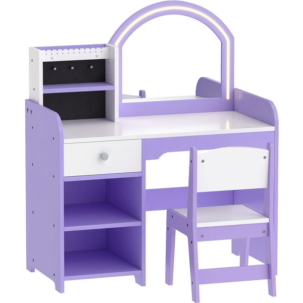 AIYAPLAY Kids Vanity Set, Girls Dressing Table with Stool, 2-Colour Lights Mirror, Pretend Dresser Gift for Ages 3-8, Purple | Aosom Ireland