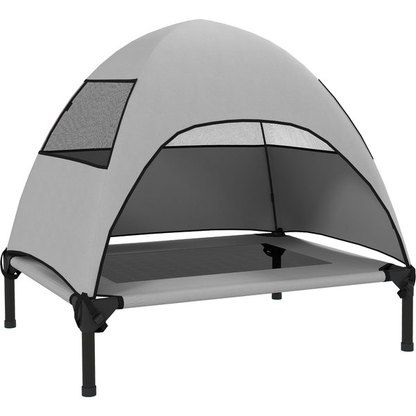 PawHut Hundeliege Outdoor mit Dach, Erhöhtes Hundebett für Mittelgroße Hunde, Kühlendes Haustierliege mit Waschbares Mesh Metallrahmen Tragtasche, Haustierbett für Draußen Camping 76x61x71cm, Hellgrau Aosom