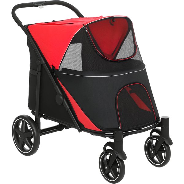 PawHut Hundewagen Hundebuggy faltbar mit Kissen für große mittelgroße Hunde Katzenbuggy mit Netzfenster Sicherheitsleinen Rot Aosom.de