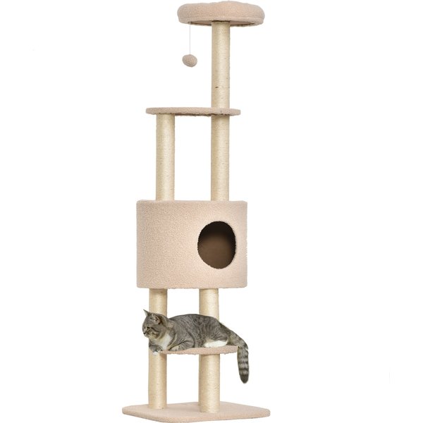 Pawhut Arbre à Chats Beige Avec Griffoir, Niche, Poteaux Cashemire Simple Face - 45X40X148 Cm Aosom France-image