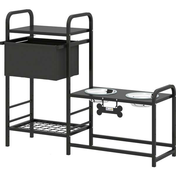 PawHut Erhöhter Hundenapf Höhenverstellbar Futternapf mit Stauraum Wassernapf 2 x 800ml Edelstahlnäpfen 2-stufige Ablage Fressnapf Futterstation für kleine, mittelgroße Hunde Schwarz Aosom