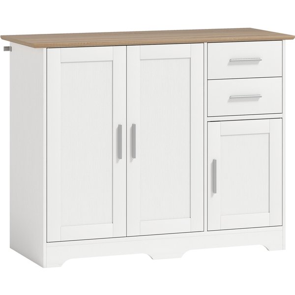 Homcom Buffet Salon, Meuble De Rangement Avec 2 Tiroirs, 3 Portes Et éTagèRe RéGlable, 100 X 40 X 78 Cm, Blanc Et Bois Naturel-image