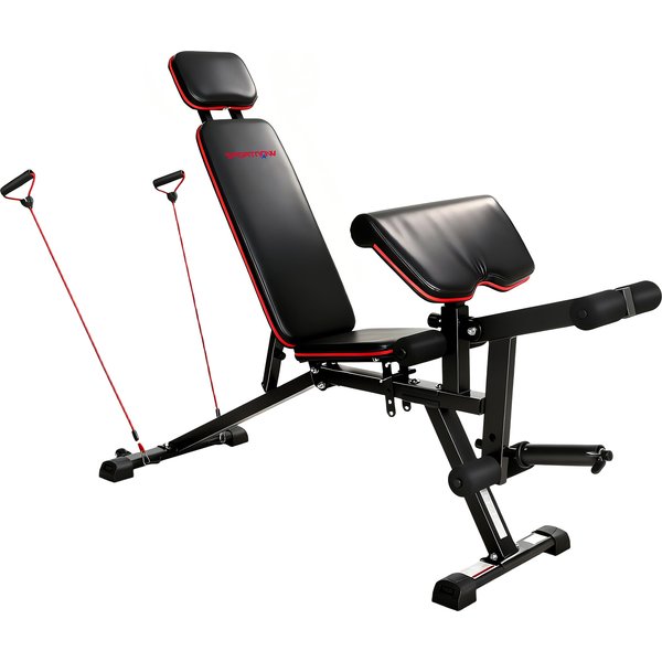 SPORTNOW Hantelbank verstellbar bis 300 kg 3 in 1 Trainingsbank mit Rollen Beinstrecker Curlpult langer Kopfstütze Schrägbank mit Widerstandsbändern Fitnessbank für Home Gym Zuhause Aosom