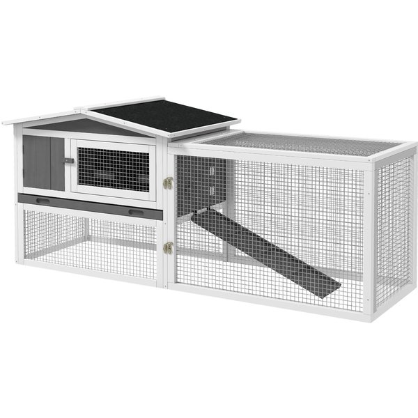 PawHut Clapier Cage à Lapins 2 éTages Tiroir DéJection Enclos ExtéRieur Amovible Toit Ouvrant 156X58X68Cm Bois Massif Pin-image