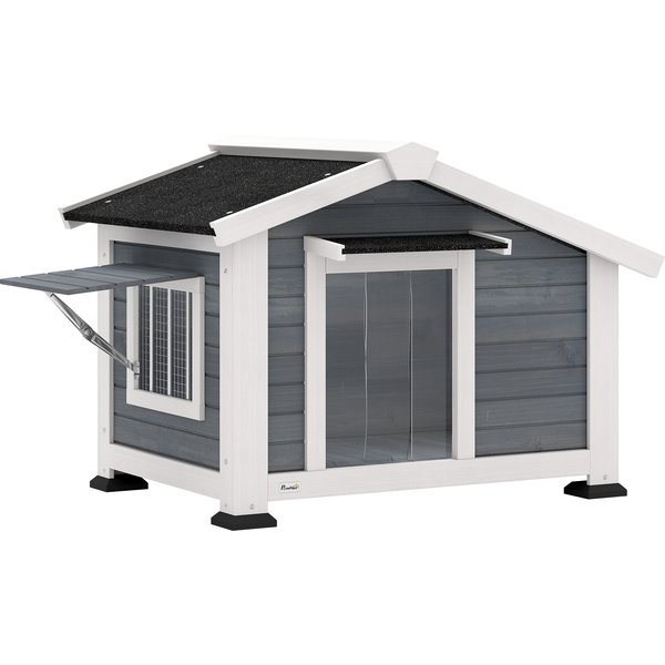 PawHut Hundehütte wetterfestes Hundehaus aus Holz mit herausnehmbarem Boden Asphaltdach öffnendem Fenster Türvorhang 98 x 76 x 69,5 cm Outdoor Hütte für mittelgroße Hunde bis 20 kg Indoor Outdoor Grau Aosom