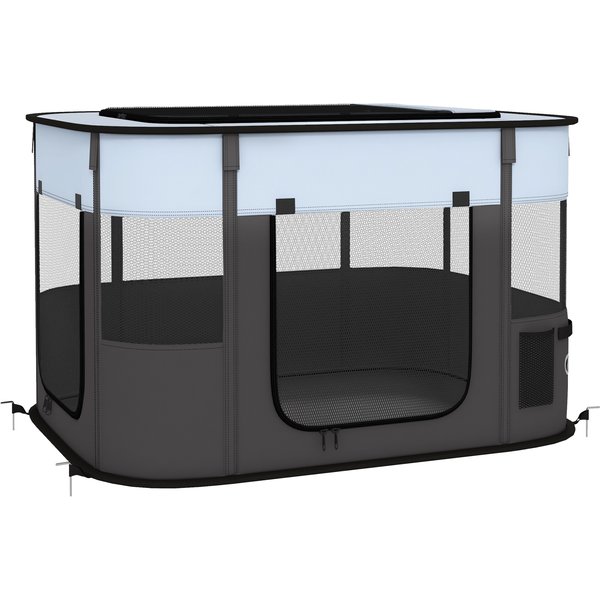 PawHut Welpenauslauf, Welpenlaufstall mit Türen, Fenster, faltbar Laufgitter, Atmungsaktiv Netz, für kleine Hunde unter 10 kg und Kleintiere, Indoor und Outdoor, 94 x 74 x 60 cm, Grau Aosom