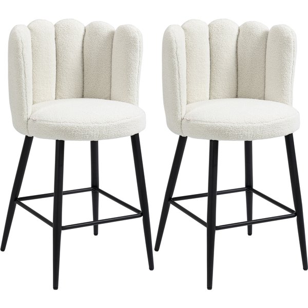 Homcom Lot De 2 Chaises Hautes Tabourets De Bar Avec Repose-Pieds Acier Tissu Effet Laine BoucléE Hauteur 65 Cm CrèMe Noir-image