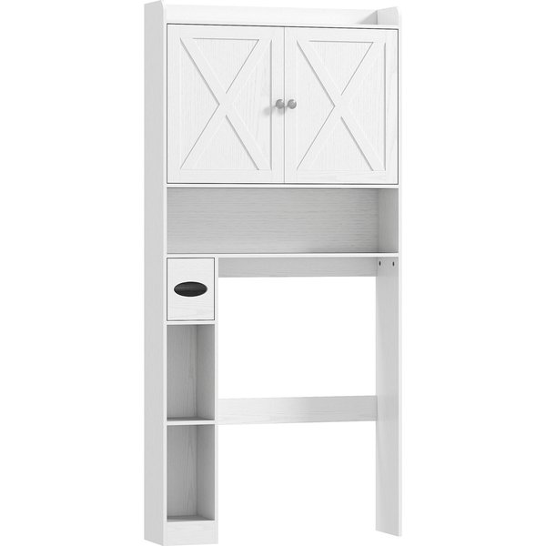Homcom Meuble WC Dessus De Toilette Avec Placard à Porte De Grange, éTagèRe RéGlable, Compartiments Et Porte-Papier, Blanc-image