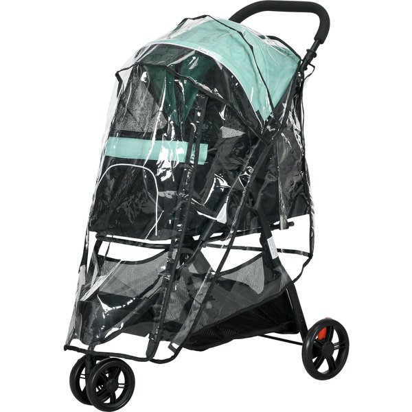 PawHut 2 in 1 Hundewagen Hundebuggy mit Regenschutz klappbar für Hunde & Katzen bis 10 kg Katzenbuggy mit Kissen Netzfenstern Türen Aufbewahrungskorb Katzenwagen Buggy Grün Aosom