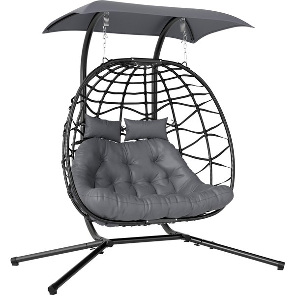 Outsunny Hängesessel mit Gestell faltbar Hängekorb mit Kissen Sonnenschutzdach Polyrattan Hängestuhl für 2 Personen Outdoor Hängeschaukel belastbar bis 260kg Sessel für Balkon Terrasse Dunkelgrau Aosom