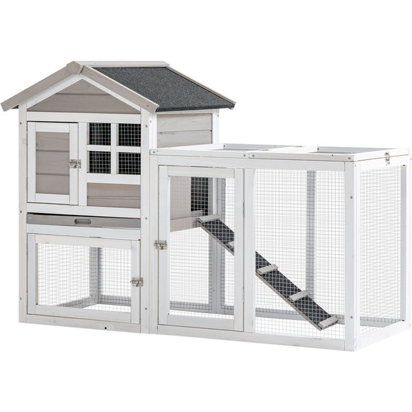 Pawhut Clapier Cage Lapins Combinable 2 éTages Toit Bitumé Plateau Coulissant 4 Portes 128 X 64 X 92 Cm Gris Aosom France-image