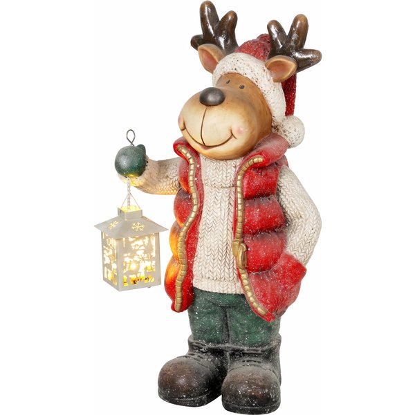 HOMCOM Weihnachtsdeko Figur, Rentier mit Laterne, 52 cm Weihnachtsfigur mit LED-Licht, Dekofigur zu Weihnachten, für In- und Outdoor, Metall, Rot Aosom