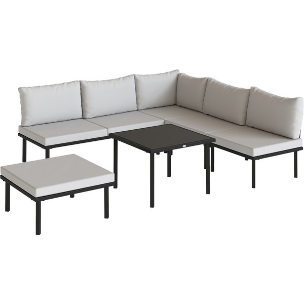 Outsunny Ensemble Mobilier De Jardin MéTal 6 Personnes, Canapé D'angle Avec Coussins, Gris Clair-image