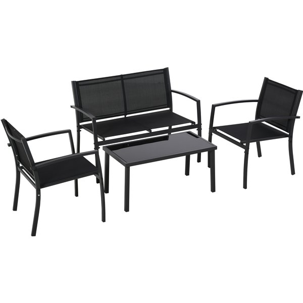 Outsunny Salon De Jardin ExtéRieur 4 PièCes Avec Canapé 2 Places, 2 Chaises Et Table Basse En Verre Trempé, Coussins Inclus, Noir-image