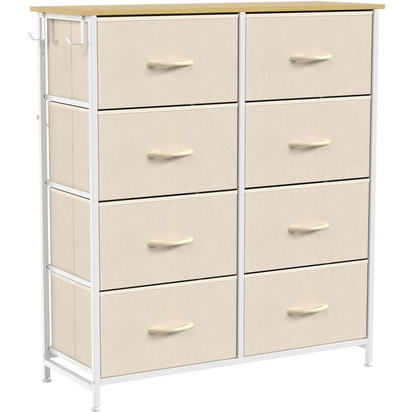 HOMCOM Kommode Schrank mit 8 Schubladen aus Vliesstoff Aufbewahrungsschrank Schubladenschrank mit Haken, Seitentasche, Stahlrahmen, Modern Sideboard für Schlafzimmer, Wohnzimmer Beige Aosom