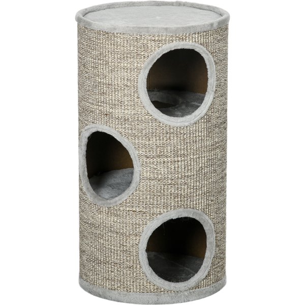 PawHut Kratztonne Spiel- und Kratztonne für Katzen mit 3 Höhlen aus Sisal und Plüsch Hellgrau Ø38x70cm für aktives Spielen und Entspannen Aosom.de