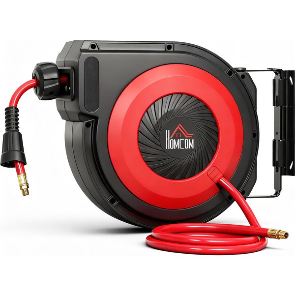 HOMCOM Automatik Druckluftschlauchtrommel 15m+1,5m Druckluftschlauch mit 1/4' Schnellanschluss, 9,5 x 15,8 mm Durchmesser, max. Druck: 10 Bar 180°-Drehgelenk, Schlauchaufroller Wandhalterung Aosom