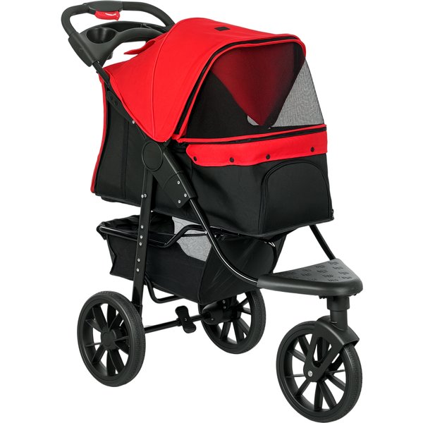 PawHut Hundewagen klappbar Hundebuggy für kleine Hunde bis 10 kg Katzenwagen mit 3 Rädern, Netzfenstern, Getränkehalter, Ablagekorb Katzenbuggy mit Bremse, Rot Aosom