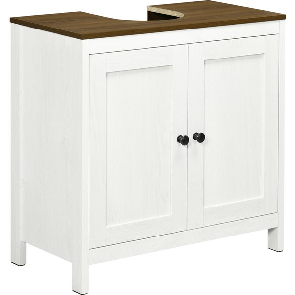 Kleankin Meuble Sous Lavabo Meuble De Salle De Bain 2 Portes Avec éTagèRe 60 X 30 X 60 Cm Blanc Et Aspect Bois-image