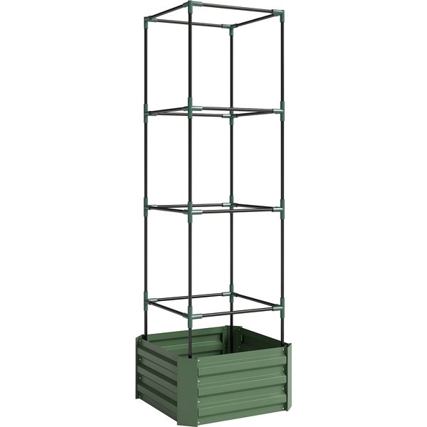Outsunny JardinièRe Avec Treillis Ajustable, Bac à Fleurs Avec Cage à Tomates Acier Galvanisé 61 X 61 X 187 Cm Vert-image