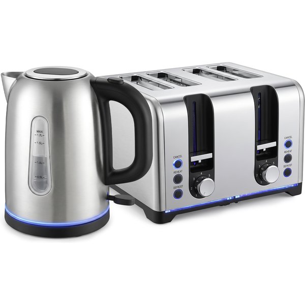 HOMCOM Wasserkocher und Toaster Set 1,7L 2200W Beleuchteter Schnellkoch-Wasserkocher Edelstahl mit Automatische Abschaltung Kalkfilter, 4-Scheiben Toaster mit 7 Bräunungsstufen & Brotheber, Silber Aosom