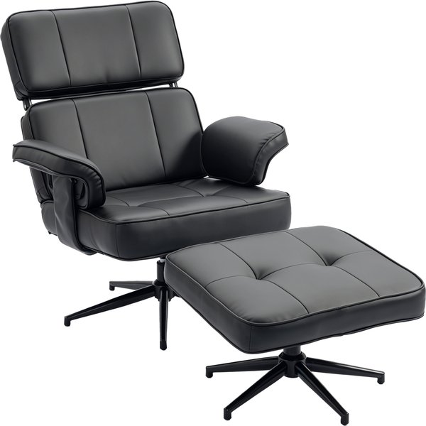 HOMCOM Relaxsessel mit Hocker, Fernsehsessel mit Verstellbare Kopfstütze, Liegefunktion, TV-Sessel aus Kunstleder Ruhesessel für Wohnzimmer, Schlafzimmer Schwarz Aosom