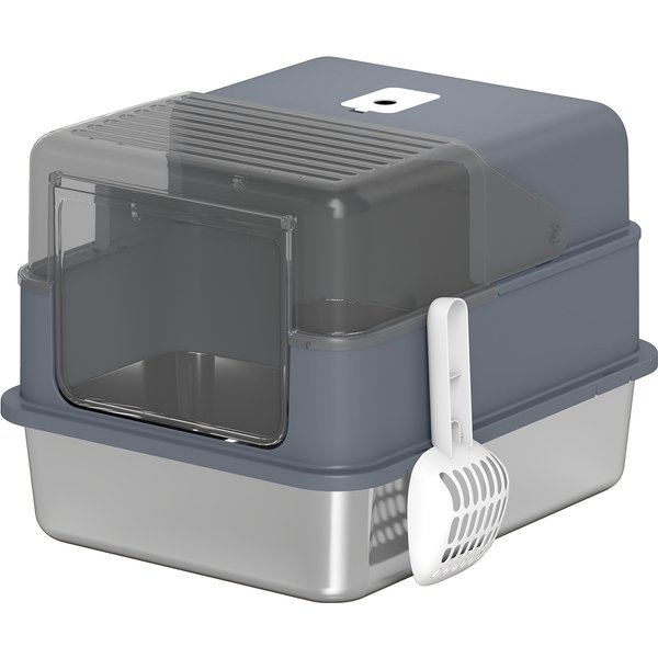 PawHut Maison De Toilette Chat En Acier Inoxydable 2 En 1 Bac à LitièRe Fermé Avec Couvercle Et Pelle Grand Gris-image