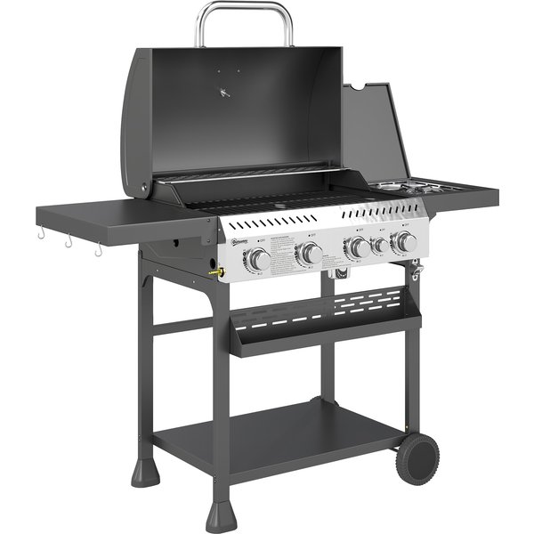 Outsunny Gasgrill 12 KW 4+1 Brenner BBQ Grillwagen aus Edelstahl inkl Seitenbrenner Thermometer Grillrost Kochfeld Flaschenöffner Seitenablagen Gas-Grill für Balkon Camping 135 x 55 x 103cm Aosom