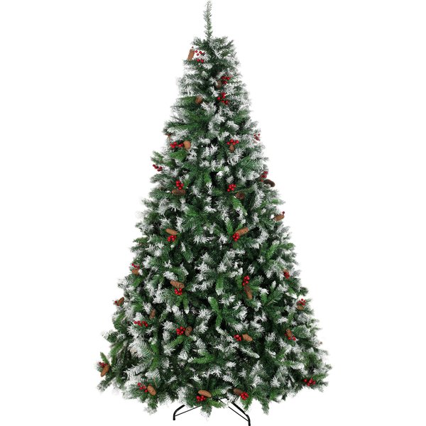 HOMCOM Weihnachtsbaum 240 cm, künstlicher verschneiter Tannenbaum mit 1773 Zweigspitzen, rote Beeren, Zapfen, klappbarer Stahlfuß, schnelle Montage, Weihnachtsdekoration für Wohnzimmer, Innen, Grün Aosom