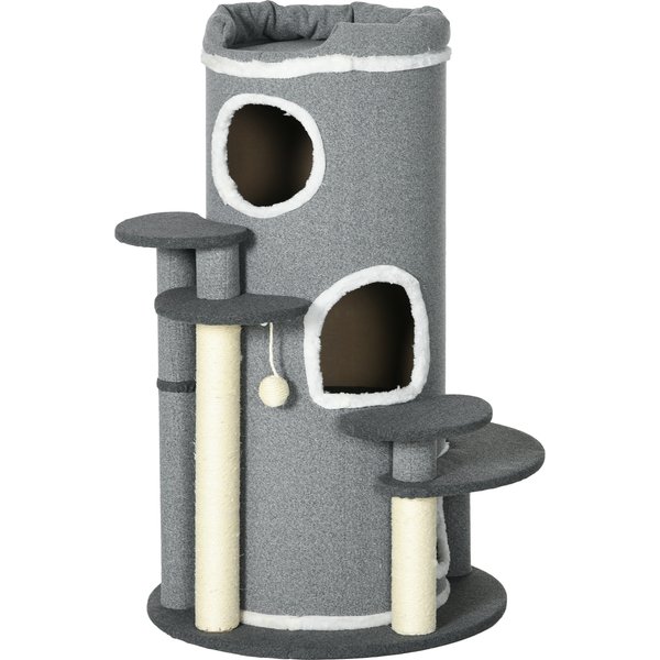 PawHut Katzen Kratztonne 99 cm Spieltonne mit Katzenbett, Spielball & Plattformen, Katzenmöbel, Grau Aosom