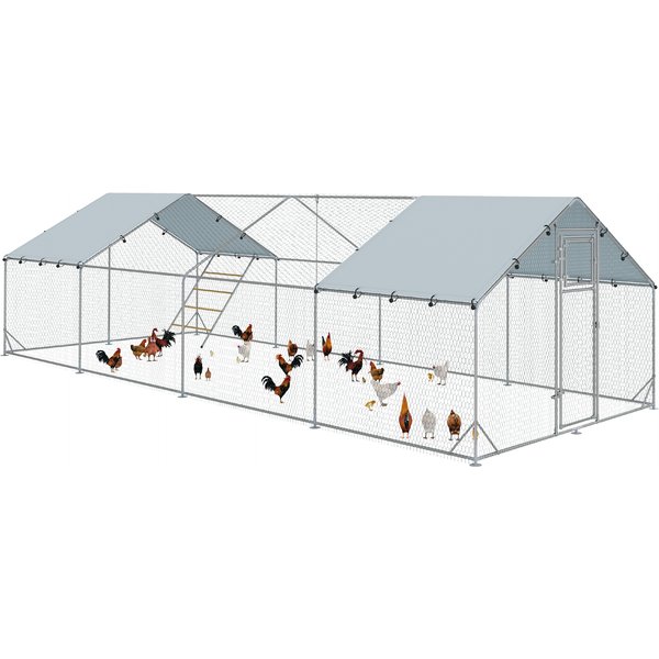 PawHut Hühnerstall Freilaufgehege aus Stahl, 300 x 800 x 195 cm Hühnerkäfig mit UV-beständiger Abdeckung, Futtertür, Hängefütterung, Sitzstange, Hühnergehege für 24-30 Hühner, Kleintiere, Silber Aosom