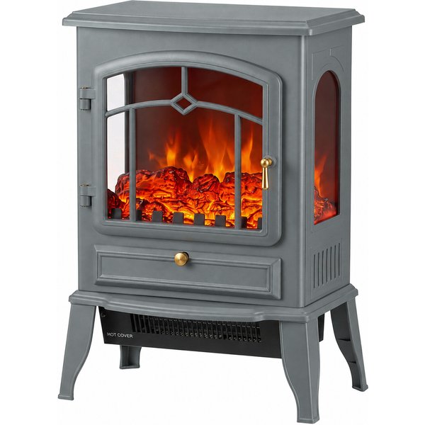 HOMCOM Electric Fireplace Stove, 1000/2000W 3-Sided Freestanding Fireplace Heater with 3D Flame Log, Thermostat, Grey