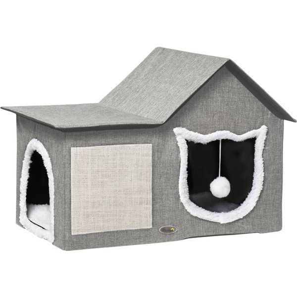 PawHut Katzenhöhle mit Kratzfläche und Doppeltüren, Kuschelhöhle mit Kissen und Spielball, Polyester Grau für Katzenliebhaber Aosom.de