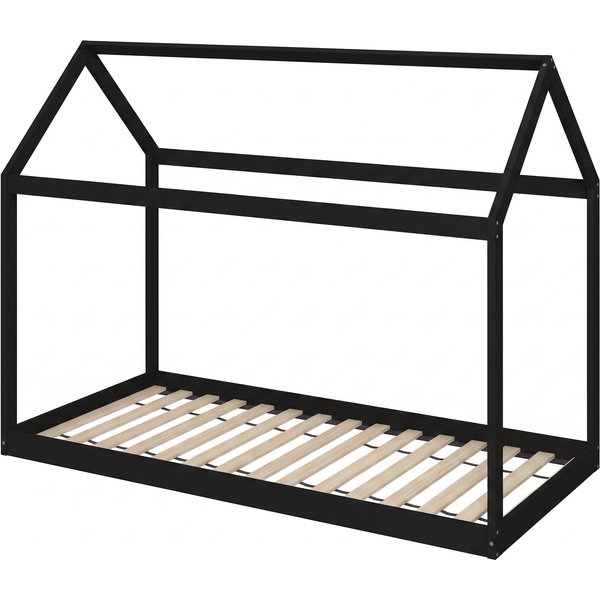 HOMCOM Single Bed Frame, House-Scandinavian-Style Wooden Bed Frame for 90W x 190D cm Mattress, Black