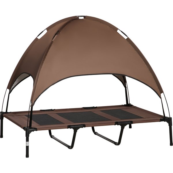 PawHut Haustierbett mit Baldachin, erhöhtes Hundebett outdoor, atmungsaktiv, Taftstoff, Kaffee, 122x92x108 cm, ideal für Hunde Aosom.de