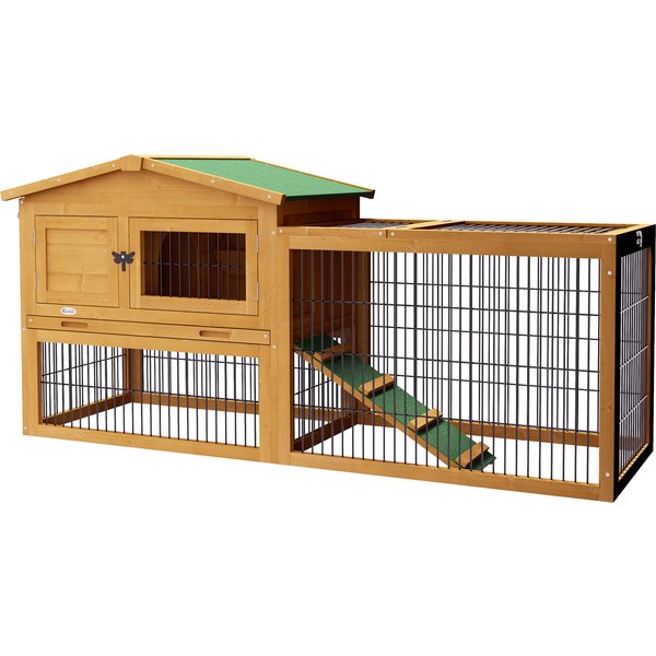 PawHut Hasenstall 2 Ebenen Kaninchenstall aus Tannenholz Winterfest Doppelstockhaus mit Freilaufgehege Rampe 150x52x68 cm Kaninchenkäfig Outdoor Kleintierstall für Hasen Kaninchen Meerschweinchen Gelb Aosom