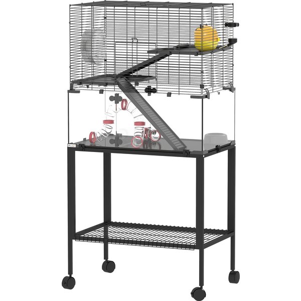 PawHut Hamsterkäfig mit Rollen 3 Etagen Nagerkäfig Kleintierkäfig mit Röhrensystem, Hütte, Rampen, Fressnapf und Zubehör Mäusekäfig Käfig für Zwerghamster 77 x 49 x 130,5 cm Schwarz Aosom