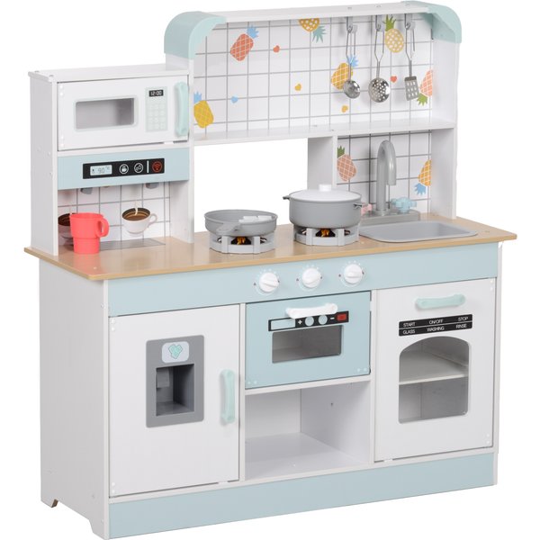 AIYAPLAY Kinderküche Spielküche mit Lichtern, Geräuschen, Kaffeemaschine, Eiswürfelmaschine, Mikrowelle, Ofen, Küchenzubehör, Puppenküche für 3+ Jahre Kinder, Weiß Aosom