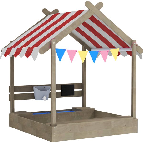 Outsunny Sandkasten mit Dach, Sandkiste aus Holz mit Sitzplatz, Spielhaus, 124 x 116 x 146 cm Sandbox mit Tafel für 3-7 Jahre Kinder, Garten, Grau Aosom