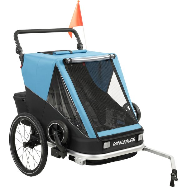 AIYAPLAY 2 in 1 Fahrradanhänger & Buggy 2-Sitzer Faltbar Kinderfahrradanhänger mit 5-Punkt Gurt Sicherheitsflagge Fahrrad Anhänger für Kinder ab 12 Monaten max. 18kg Aosom