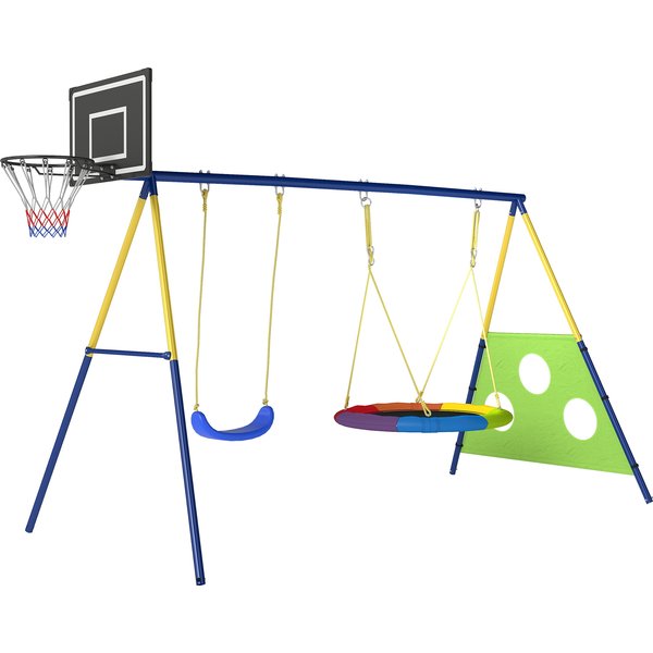 AIYAPLAY Schaukelgestell 4-in-1 Schaukel-Set bis 150 kg mit Nestschaukel Basketballkorb Fußballtor U-Schaukel Outdoor Schaukelgerüst mit Stahlgestell, verstellbarem Seil, für Kinder 288 x 160 x 220 cm Aosom