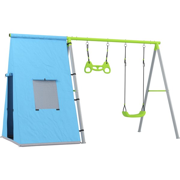 AIYAPLAY 3 in 1 Schaukelgestell Outdoor Schaukelgerüst mit Spielzelt, Schaukel und Turnringe, Kinderschaukel mit Metallgestell, Gartenschaukel für Kinder Grün Aosom