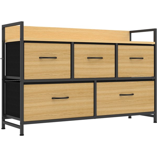 Homcom Commode, Meuble De Rangement Avec 5 Tiroirs En Tissu Pliables, Plateau Et Cadre En Acier, 98 X 29 X 63 Cm, ChêNe-image