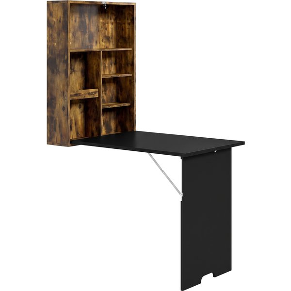 HOMCOM Folding Wall-Mounted Drop-Leaf Table, Convertible Wall Table With Chalkboard and Storage Shelf, Rustic Brown