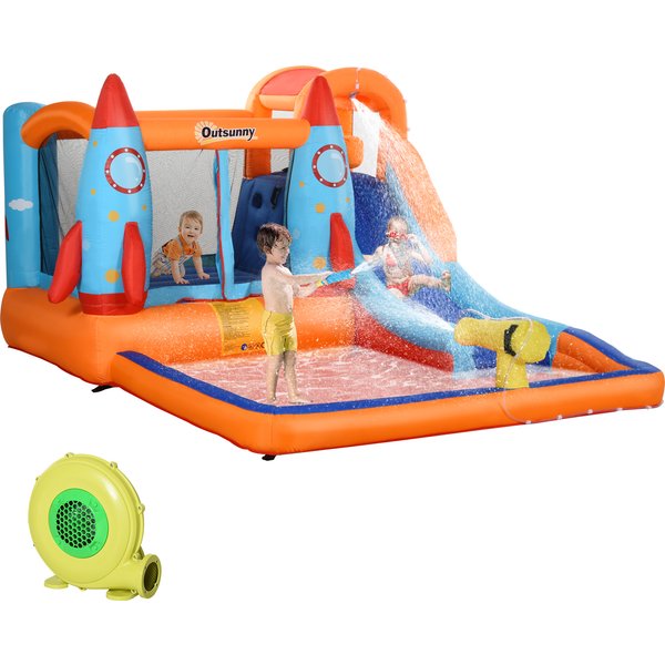 Outsunny aufblasbare Hüpfburg, Spielburg mit Rutsche für 4 Kinderburg, mit Gebläse, Spielhaus für 3-8 Jahre, Raketenmuster, Polyester Aosom