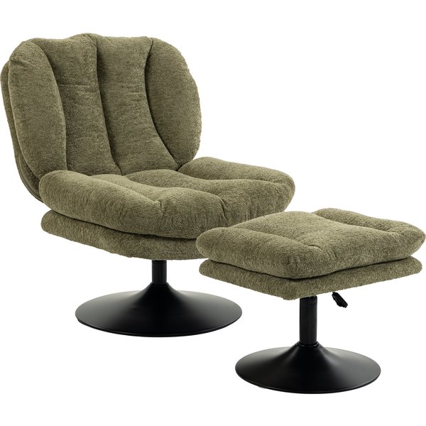 HOMCOM Relaxsessel mit Höhenverstellbarem Hocker Drehbarer Loungesessel mit Samtoptik mit Struktur, Breiter Sitzfläche, Stahlsockel, Gepolstert Drehsessel Sessel für Wohnzimmer, Grün Aosom