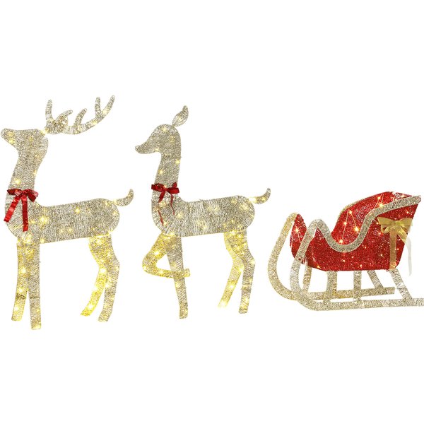 Outsunny Weihnachtsrentier für Außen mit 3D-Schlitten, 3-teiliges Set, beleuchtet mit 200 warmweißen LEDs, 8 Modi & Timer, großes Rentier 123 cm, für Innen & Außen Aosom
