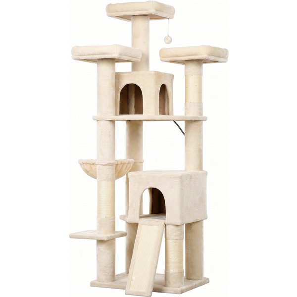 PawHut Kratzbaum Groß 184 cm hoch Katzenbaum mit 3 Dicke Kratzstämmen 2 Höhlen 3 Liegeflächen Spielball Hängematte Leiter, mehrstöckiger Katzenkratzbaum für 1-3 Katzen unter 6 kg Beige Aosom
